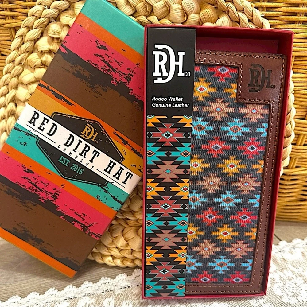 Red Dirt Hat Co Mens Rodeo Southwest Canvas Inlay Wallet Genuine Leather New